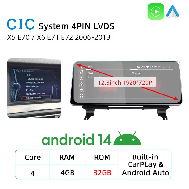 12.3 Android Auto Carplay Screen for BMW X5 E70 X6 E71 E72 GPS Car Radio Multimedia Player Navigation Stereo Car Play Monitor