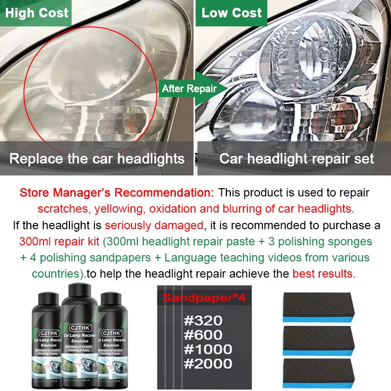 Car Headlight Restoration Polishing Kits Headlamp Scratch Remover Repair Cleaning Paste Remove Oxidation Headlight Polish Liquid