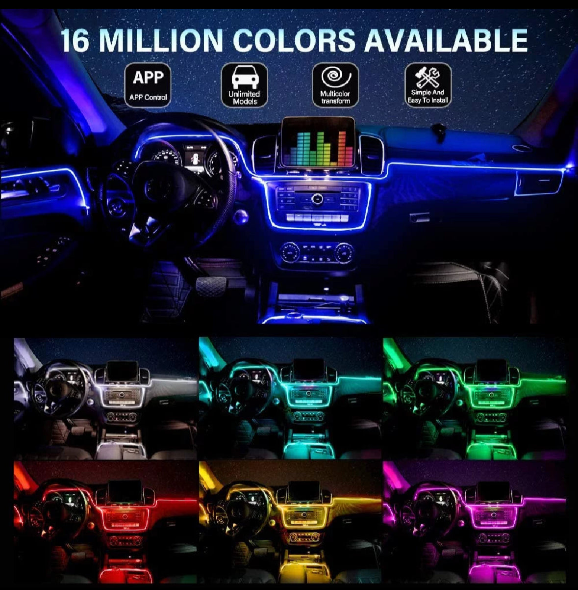 LED Car Interior Atmosphere Lights Strip 6M 5In1 RGB Optic Music Controlneon Lamp Strip Universal