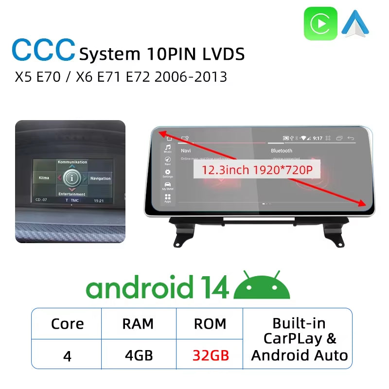 12.3 Android Auto Carplay Screen for BMW X5 E70 X6 E71 E72 GPS Car Radio Multimedia Player Navigation Stereo Car Play Monitor