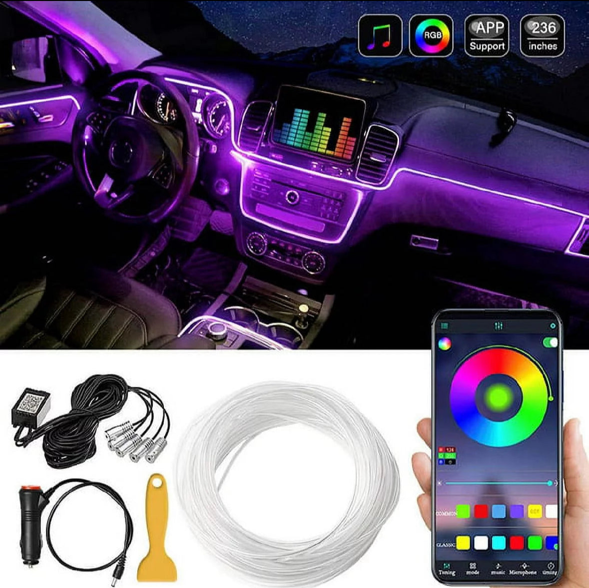LED Car Interior Atmosphere Lights Strip 6M 5In1 RGB Optic Music Controlneon Lamp Strip Universal