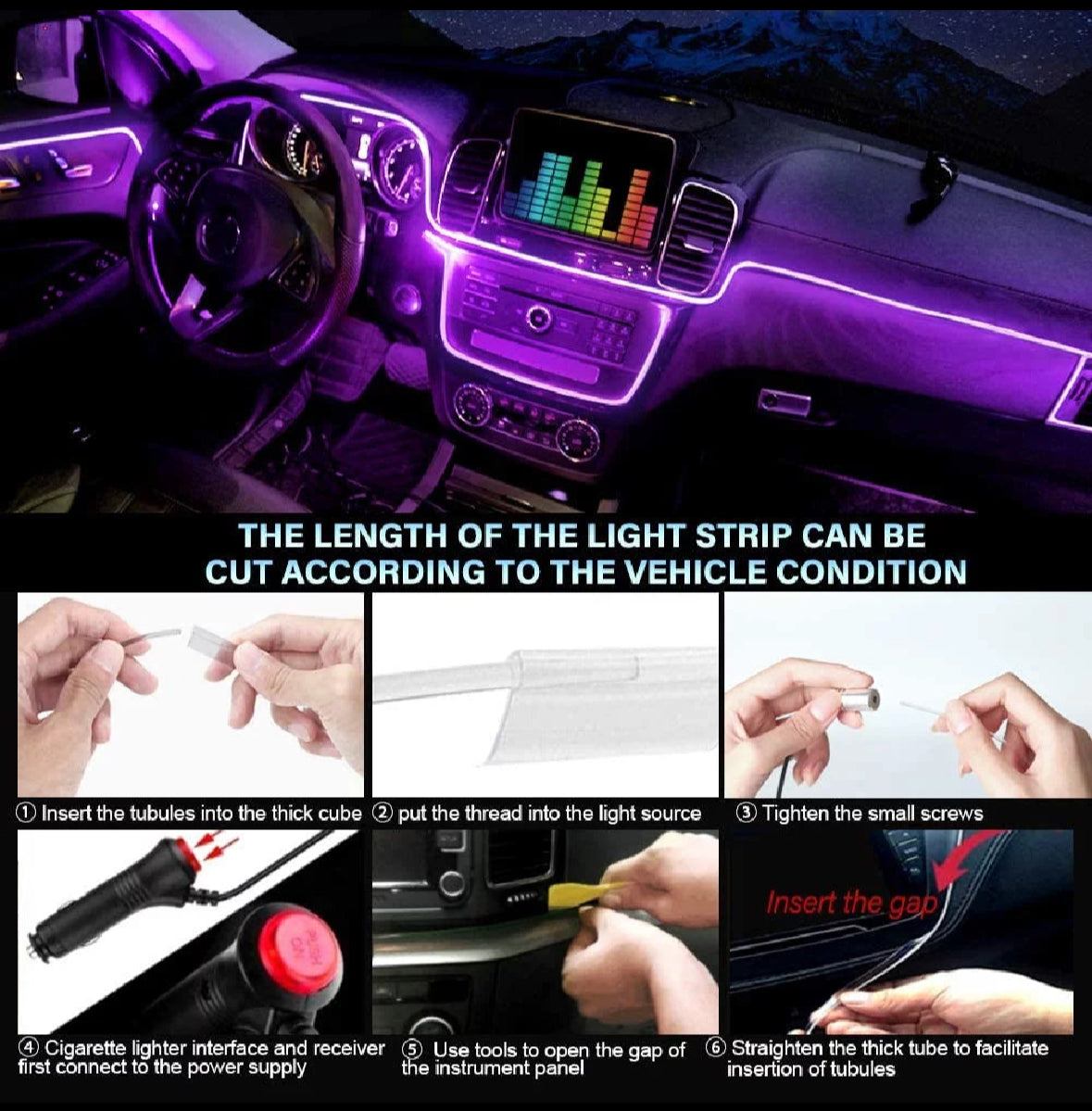LED Car Interior Atmosphere Lights Strip 6M 5In1 RGB Optic Music Controlneon Lamp Strip Universal