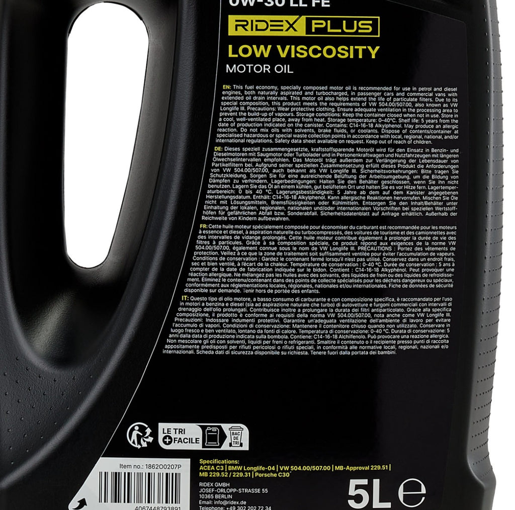 RIDEX PLUS 0W-30 LL FE – Engine Oil Excellence. OW-30 4L