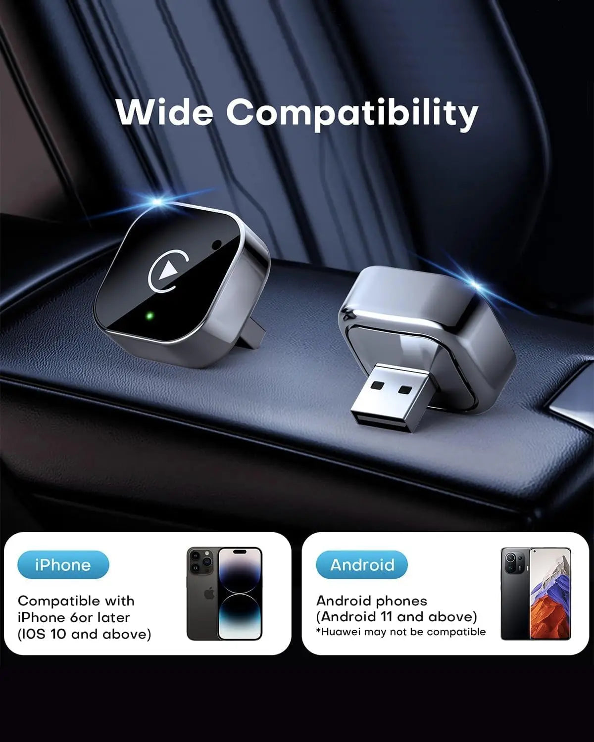Wireless Carplay & Android Auto Dongle, Fast Auto-Connect, Compact Plug & Play for Iphone/Android, USB/USB-C, No Delay