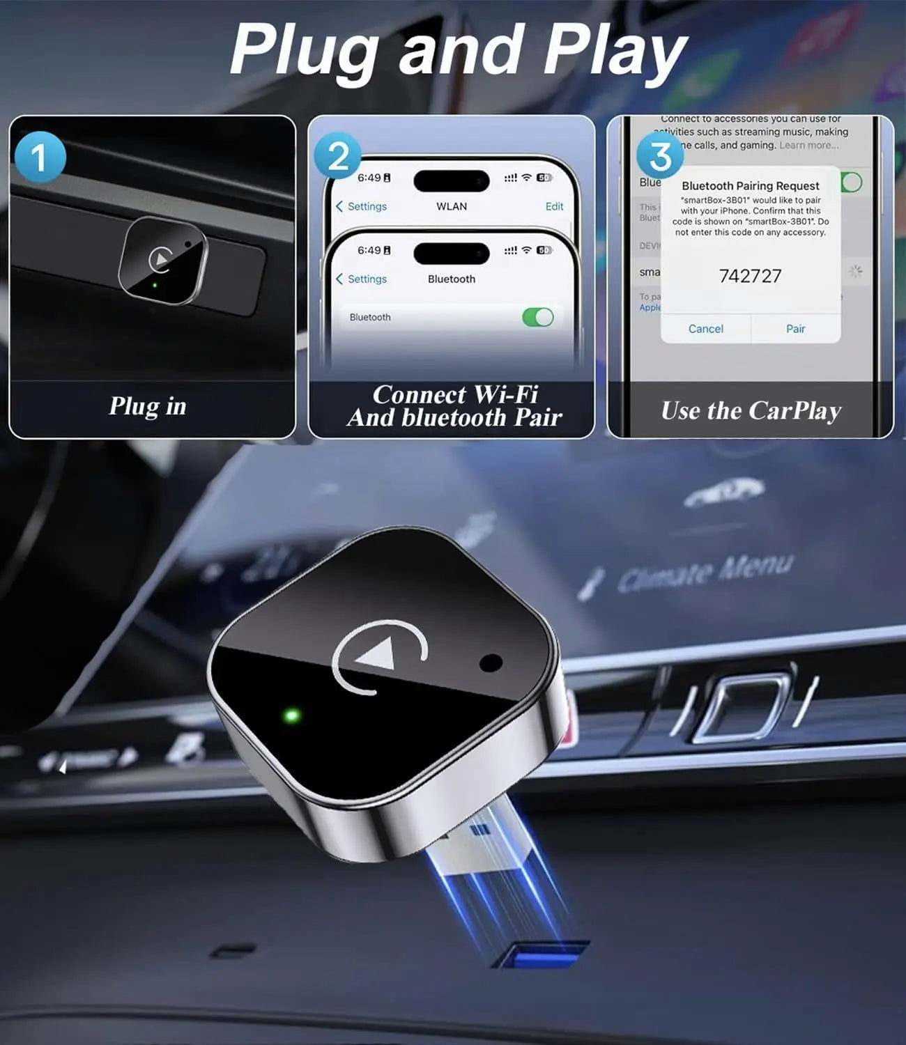 Wireless Carplay & Android Auto Dongle, Fast Auto-Connect, Compact Plug & Play for Iphone/Android, USB/USB-C, No Delay