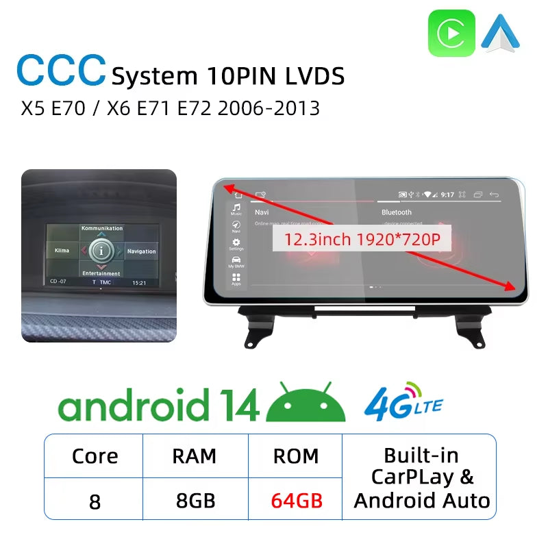 12.3 Android Auto Carplay Screen for BMW X5 E70 X6 E71 E72 GPS Car Radio Multimedia Player Navigation Stereo Car Play Monitor