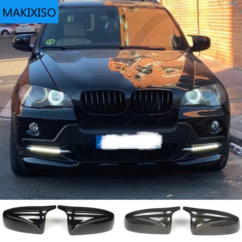 2Pcs Side Wing Rearview Modified Car Styling Bright Black Carbon Fiber Pattern Mirror Cover Caps for BMW X5 E70 X6 E71 2008-2013