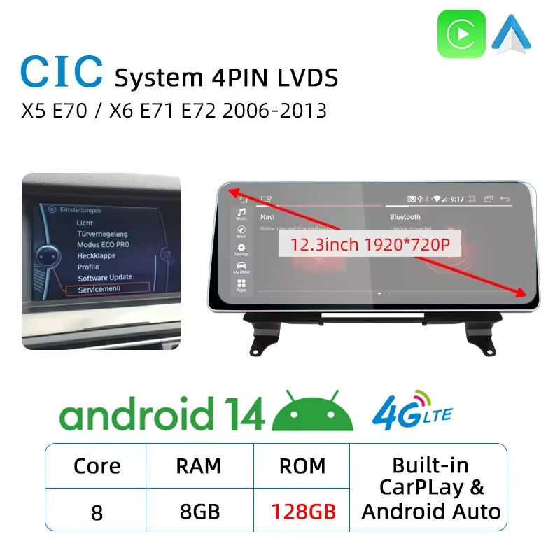 12.3 Android Auto Carplay Screen for BMW X5 E70 X6 E71 E72 GPS Car Radio Multimedia Player Navigation Stereo Car Play Monitor