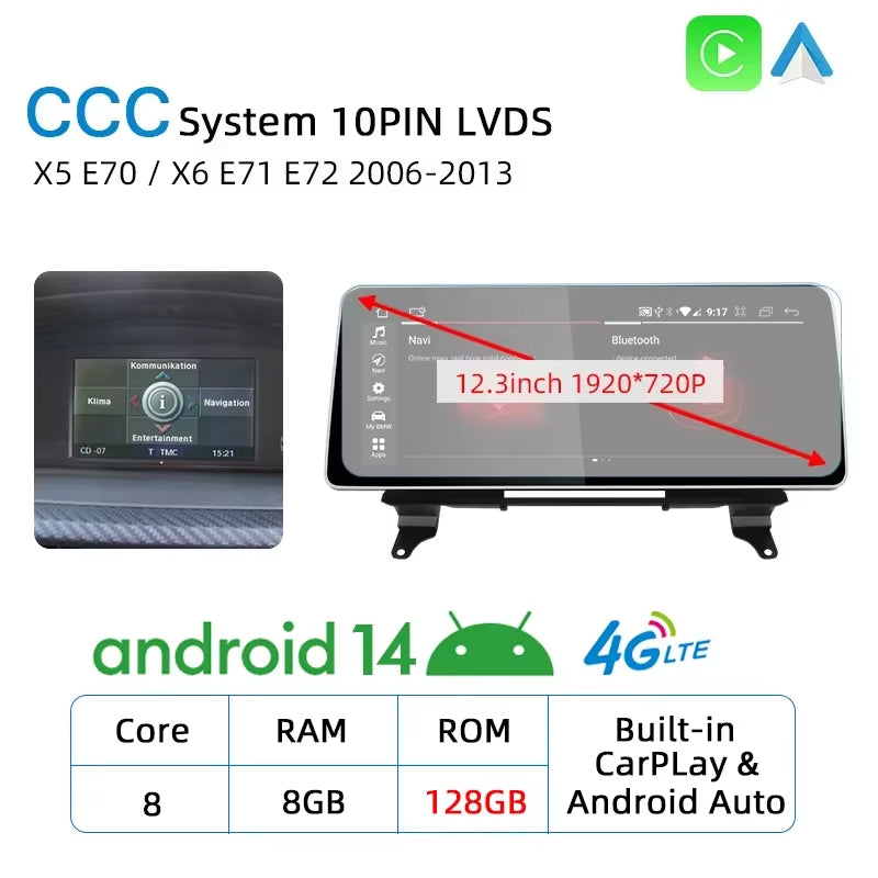 12.3 Android Auto Carplay Screen for BMW X5 E70 X6 E71 E72 GPS Car Radio Multimedia Player Navigation Stereo Car Play Monitor