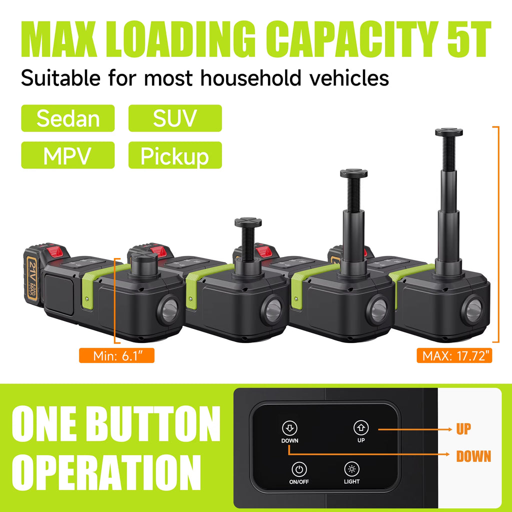 12V Cordless Electric Car Jack 5 Ton Electric Hydraulic Jack 155-530Mm Lifting Jack with Electric Wrench and 21V Battery